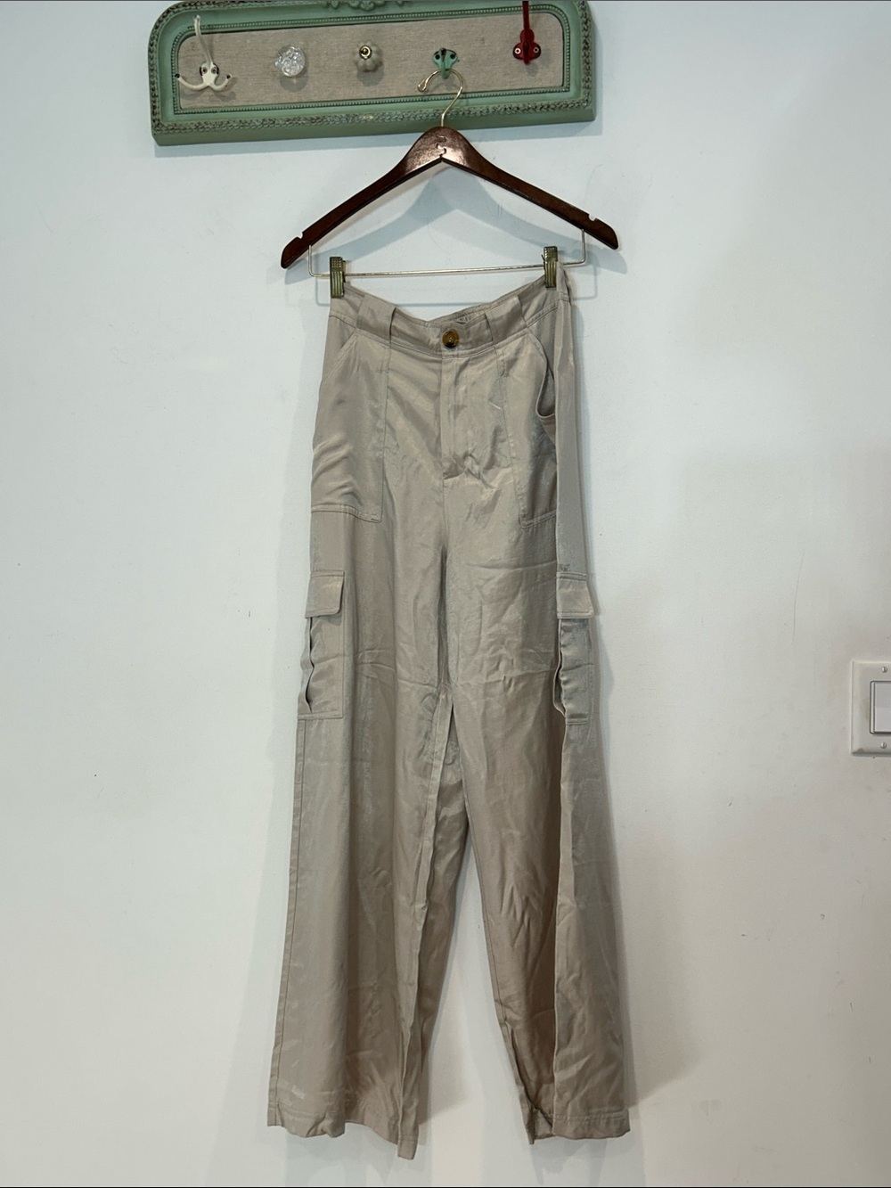 Papermoon Satin Wide Leg Cargo Pants Light Silver shimmer Taupe medium women’s